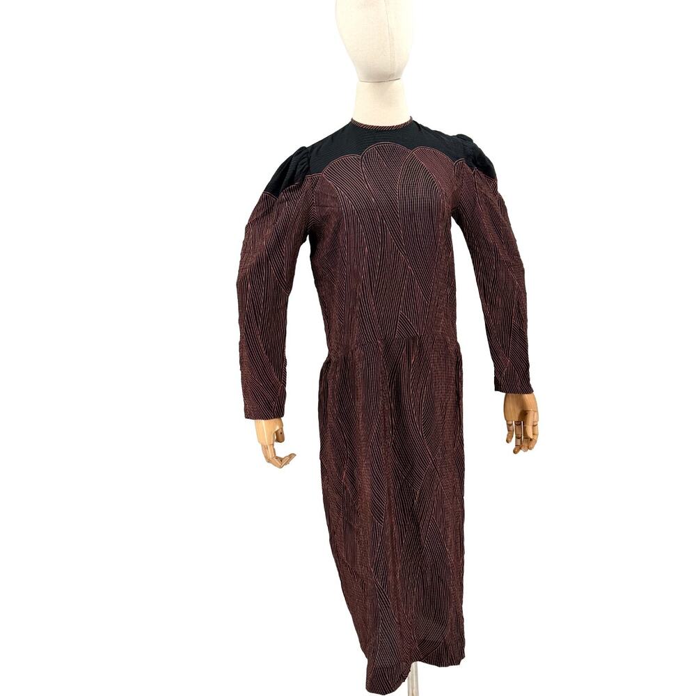 Vintage 80s Nicole Miller P.J. Walsh Black Coral Silk Puff Sleeve Dress
